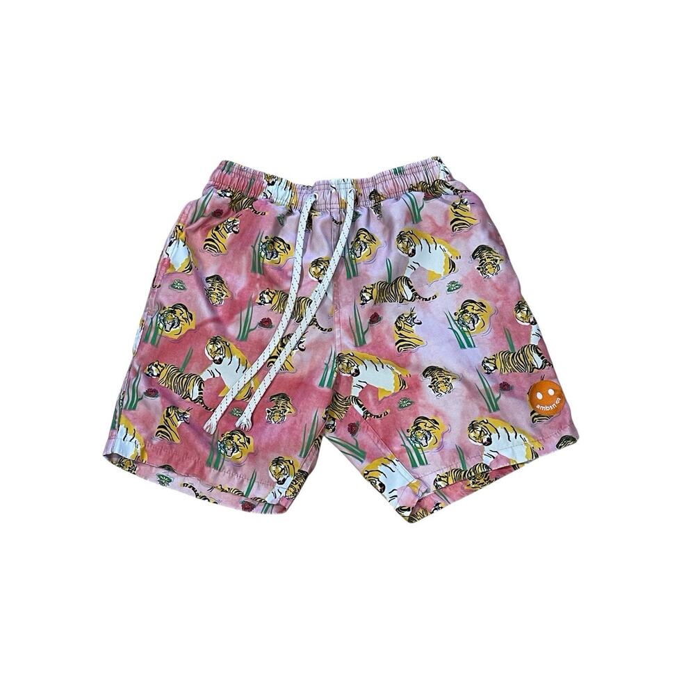 Ambsn Tiger Print Board Shorts Swim Trunks Size Small Drawstring Pink/Yellow